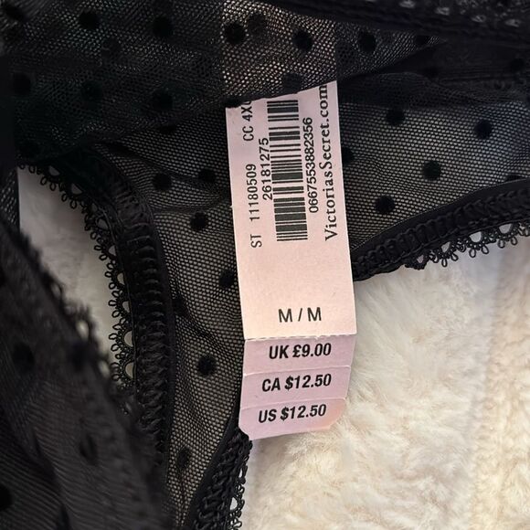 NWT Victoria’s Secret Mesh Sheer Polka Dot Black Logo Thong- Size Medium - Picture 3 of 4